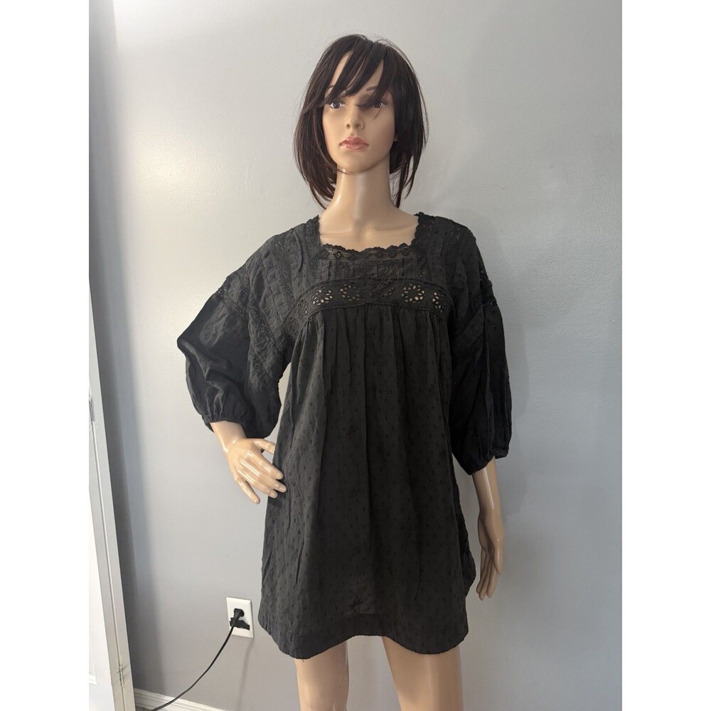 Free People Black Square Neck Balloon Sleeve Lace Eyelet Tunic Blouse Top XS EUC